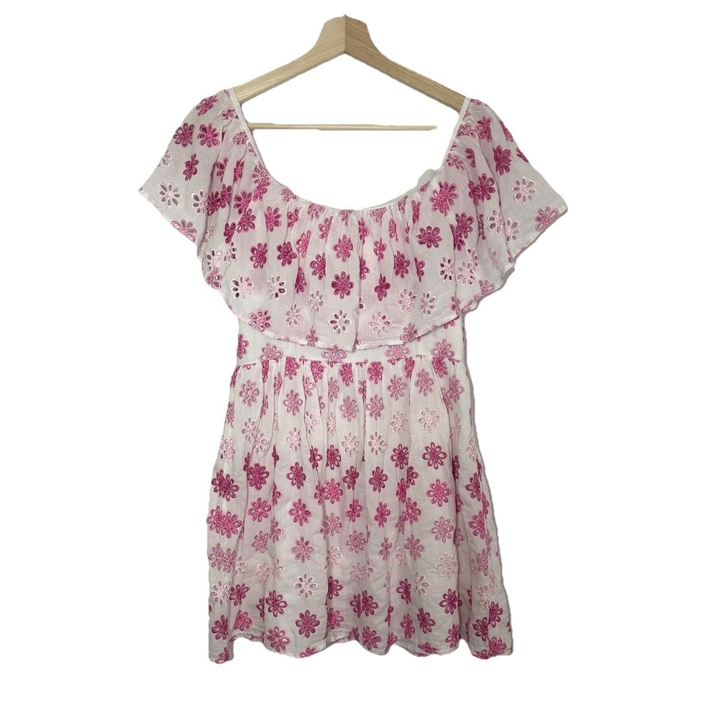 Lovers + Friends Women's MEDIUM White Pink‎ Eyelet Mini Floral Dress Ruffle